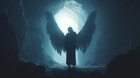 Dark Angel Silhouette Mysterious Cave Dramatic Wings Fantasy Artwork Digital Painting Mysteriousの素材