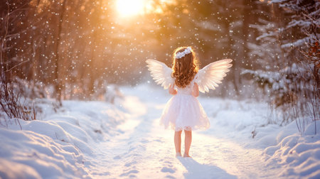 Adorable Little Angel Girl Winter Wonderland Snow Scene Magical Joy Cute Pure Path Hope Wings Childの素材