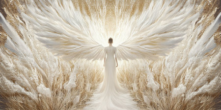 Elegant Woman Angel Wings White Dress Golden Field Dreamy Fantasy Bridal Fashion art pure hope softの素材