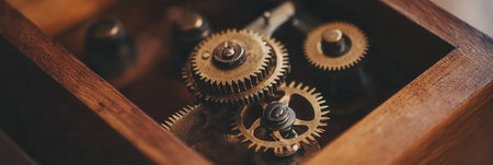 Vintage Clockwork Gears Mechanism Detailed Brown Wooden Box up old art time cogs gold dark metalの素材