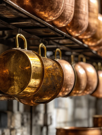 Antique Copper Pots Hanging Kitchenware Rustic Vintage Brass Metal old row home food gold worn agedの素材