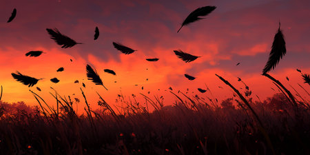 Silhouette Feathers Sunset Grass Field Dramatic Orange Sky Nature Red Art Wind Dark Calm Wild Viewの素材
