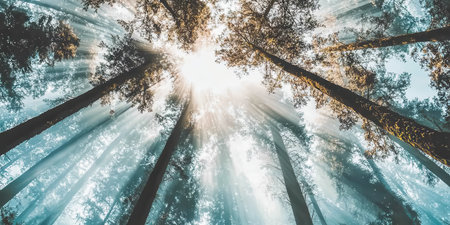 Sunbeams Through Majestic Forest Trees Nature Scene Tranquil Peaceful Serene Sunlight Woods sky artの素材