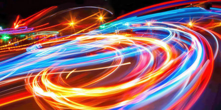 Abstract Swirling Light Trails Night Cityscape Vibrant Colors Dynamic Energy Motion Blur Photographyの素材