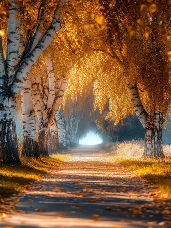 Golden Autumn Birch Tree Pathway Scenic Fall Landscape Road View Wood Park Road Lane Walk Calm Treesの素材