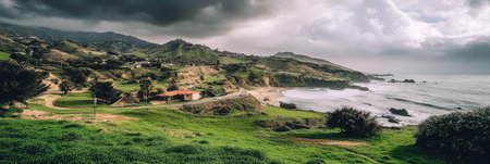Scenic Coastal Landscape Dramatic Clouds Ocean View House Green Hills sky day calm mood grey blueの素材