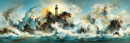 Dramatic Lighthouse Seascape Powerful Waves Ocean Storm Dramatic Sky Artistic Painting wild windの素材