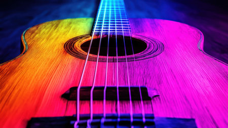 Vibrant Rainbow Acoustic Guitar Colorful Music Instrument art wood song view sound vivid image photoの素材