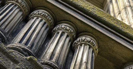Ancient Stone Columns Architectural Detail Closeup Grey Weathered Texture Background old art decorの素材