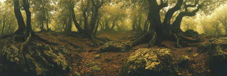 Enchanted Autumn Forest Mystical Trees Roots Nature Scene old eco fall dark mood view calm wildの素材