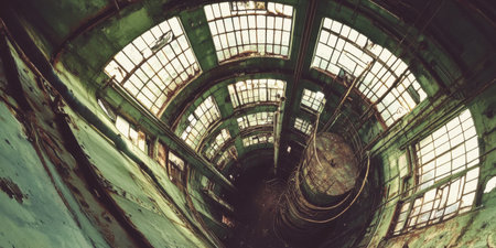 Rustic Industrial Interior Decaying Green Metal Structure Windows old ruin dark view aged worn tankの素材