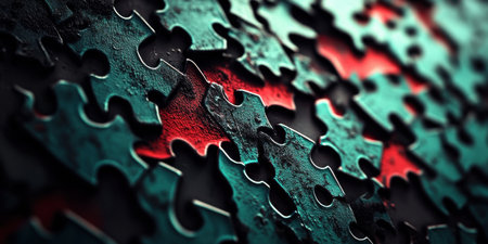 Abstract Dark Teal Red Metal Puzzle Pieces Background Texture up art close macro image rusty greenの素材