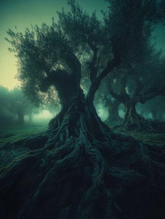 Ancient Olive Trees Mystical Foggy Forest Dark Roots Nature old mist teal bark soil view green imageの素材