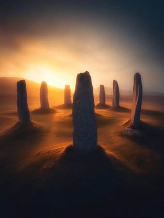 Ancient Stone Circle Sunset Dramatic Golden Light Mystical Landscape Sky View Dawn Dark Image Sceneの素材