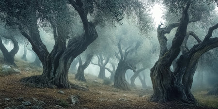 Ancient Olive Grove Mystical Foggy Landscape Dramatic Trees Art Mist Wood Bark Soil Gray Blue Darkの素材