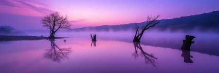 Serene Purple Sunrise Misty Lake Landscape Trees Reflections Nature Sky Fog Zen Calm Dawn Pink Viewの素材