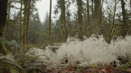 Misty Forest Scene with Frosty Spiderwebs Nature Photography fog dew icy cold calm soft trees whiteの素材