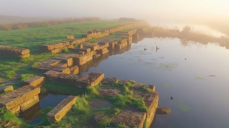 Ancient Ruins Sunrise Misty River Stone Landscape Serenity Peaceful Dawn old sky calm gold viewの素材