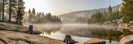 Serene Misty Lake Morning Peaceful Nature Scene Tranquil Forest Landscape Breathtaking View Stunningの素材