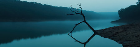 Serene Teal Lake Landscape with Silhouetted Dead Tree Branches fog sky art blue calm dark mist bankの素材