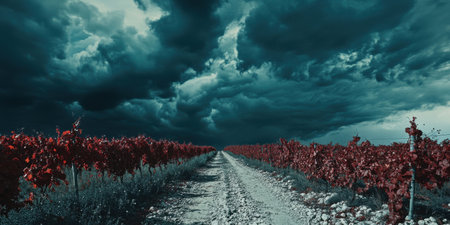 Dramatic Vineyard Landscape Dark Clouds Autumn Red Vines Rural Road sky row path farm wine view fallの素材