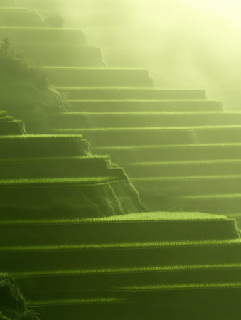 Misty Green Rice Terraces Scenic Landscape Nature Photography View Asia Calm Paddy Foggy Image Ruralの素材