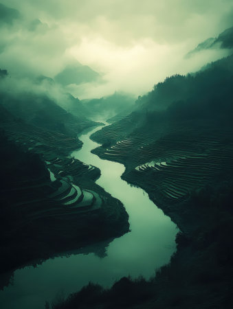 Serene Green Rice Terraces Misty Mountain River Valley Landscape Sky Calm View Dawn Dusk Asia Foggyの素材