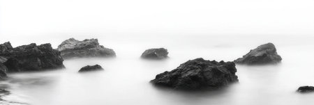 Serene Coastal Rocks Misty Ocean Black White Photography fog sea view calm soft grey dark shoreの素材