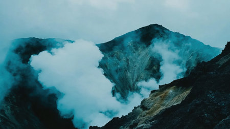 Volcanic Mountain Peak Dramatic Cloudscape Stunning Teal Blue Nature Landscape Photography sky fogの素材