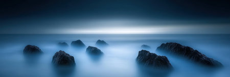 Serene Ocean Rocks Misty Blue Tranquil Seascape Dramatic Nature Photography Peaceful Calm Waterの素材