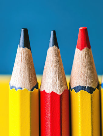 Closeup Colorful Pencils Yellow Red Black Art Supplies Tool Life Macro Image Sharp Point Craft Hobbyの素材