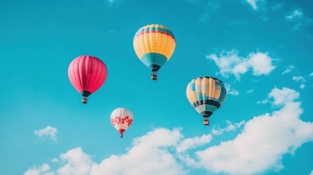 Colorful Hot Air Balloons Soaring High Above Blue Sky Cloudscape Summer up joy view pink teal sceneの素材