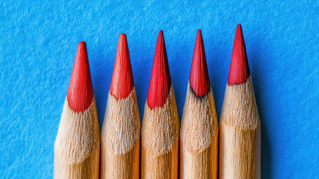 Red Pencils Close Up Shot Blue Background Wooden Art life macro sharp image still color vivid styleの素材