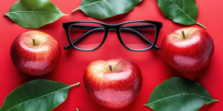 Red Apples Green Leaves Black Eyeglasses Still Life Photography Background Food Shot High Fruitの素材