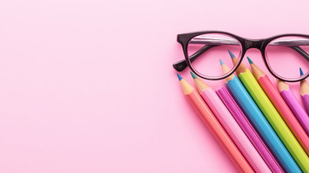 Colorful Pencils and Stylish Eyeglasses on Pink Background School Supplies Education Art study imageの素材