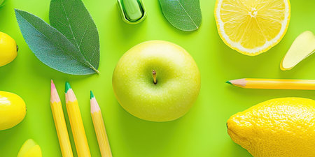 Vibrant Green Apple Lemons Yellow Pencils Fresh Green Leaves Natural Bright Summer Background topの素材