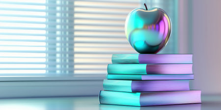 Iridescent Apple on Stack of Books Study Education Knowledge 3d art blue teal life shiny stillの素材
