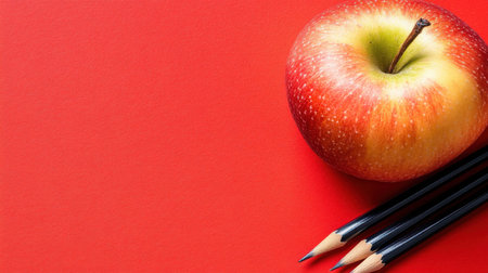 Red Apple Pencils Background Education School Supplies Still Life top art food view work fruit studyの素材