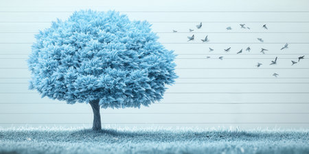 Serene Blue Tree Peaceful Butterflies Nature Scene Springtime Design Digital Art Illustrationの素材