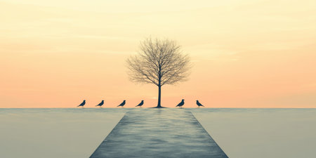 Serene Sunset Birds Bare Tree Peaceful Landscape Nature Scene Tranquil Dawn Sky Silhouetteの素材