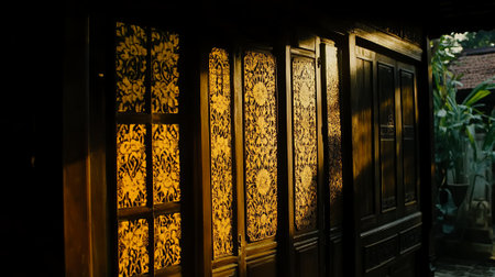 Golden Asian Wooden Doors Intricate Carved Panels Sunlight art dark home wall rich gate brown houseの素材