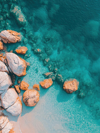 Stunning Aerial View Turquoise Ocean Rocks Beach Summer Vacation sea sun sky day blue sand calmの素材