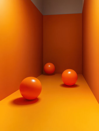 Three Orange Spheres Minimalist Abstract Room Modern Design Background 3d art wall color clean vividの素材