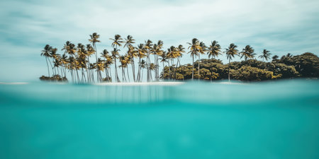 Tropical Island Paradise Palm Trees Ocean Scene Summer Vacation Beach Sky Sun Blue Sand Calm Viewの素材