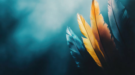 Elegant Teal Blue Gold Bird Feathers Nature Background Design web art soft card light macro imageの素材