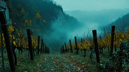 Misty Vineyard Autumn Landscape Serene Scenery Picturesque Rural Pathway Tranquil Nature Viewの素材