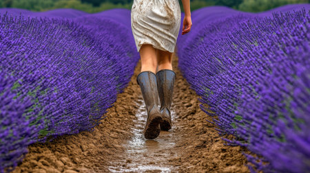 Woman Walking Lavender Field Muddy Boots Summer Purple Flowers path rows calm soil dirt rural imageの素材