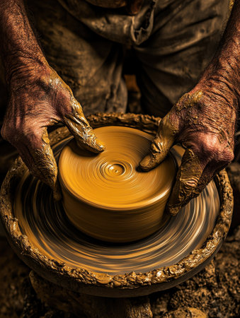 Artisan Potter Hands Shaping Clay on Wheel Studio Pottery old gold work form blur aged craft brownの素材