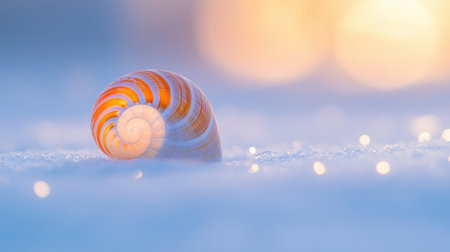Seashell on Winter Snow Soft Light Pastel Colors Nature Scene cold calm blue ocean beach frost imageの素材