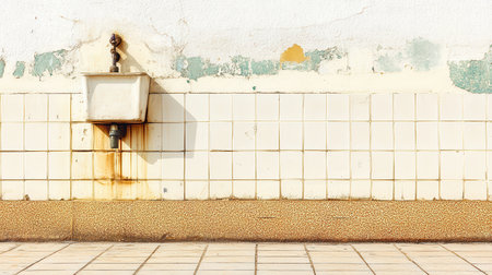 Rustic Old White Tile Wall Vintage Sink Rusty Faucet Background worn aged iron home decay photoの素材